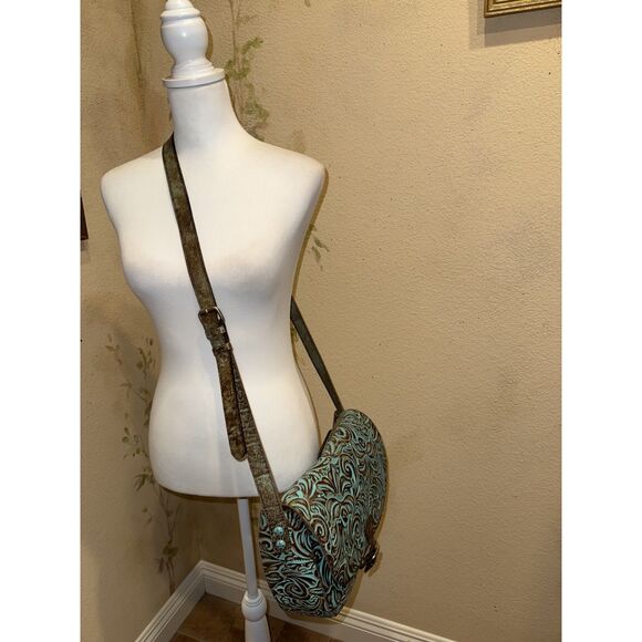 Patricia Nash Rosolini Tooled Leather Saddle Bag Turquoise Brown Crossbody Boho - Picture 4 of 16